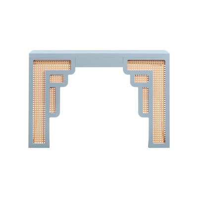 Pastel Blue and Rattan Rectangular Console Table