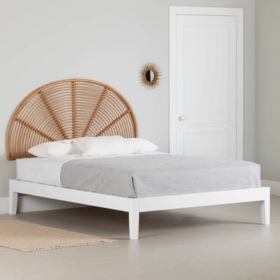 Queen White and Natural Wood Bohemian Bed with Rattan Headboard