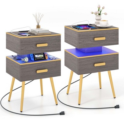 Costway 1/2 PCS Nightstand with Charging Station Bedside Sofa Side Tables with 2 Drawers Grey