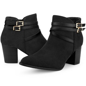 Allegra K Women's Round Toe Buckle Decor Cross Strap Block Heels Ankle Boots - 1 of 4