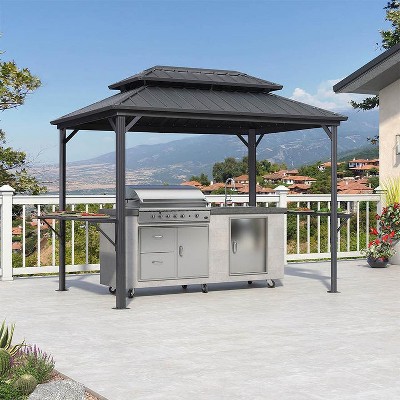 PURPLE LEAF Hardtop Grill Gazebo for Patio Permanent Aluminum Barbeque Shelter Gazebo with Ceiling Hook and Shelves Grey Outdoor BBQ Gazebo