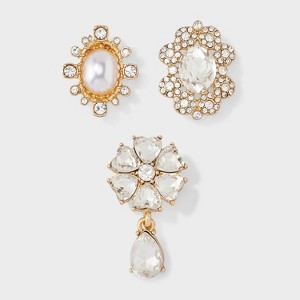 Crystal Cluster Pearl Rhinestone Floral Pin Set 3pc - A New Day™ Gold/Clear - 1 of 2
