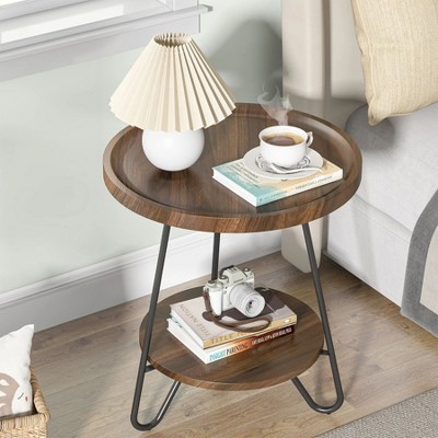 Brown Round Wood and Metal 2-Tier Side Table