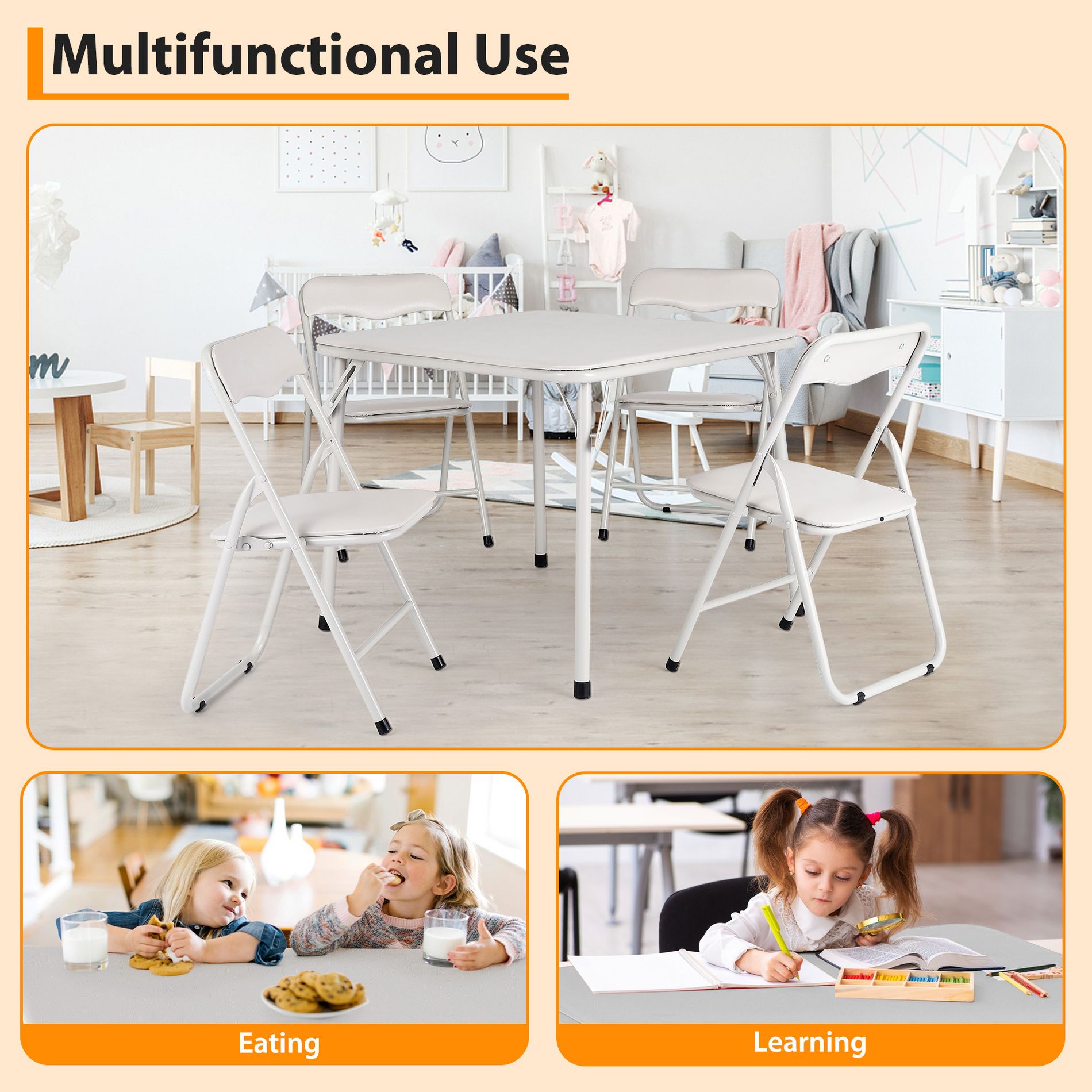 Kids Folding Table and Chairs Set of 5, Upholstered Activity Set with Metal Frame, Foldable Card Table and Chair Set in Beige