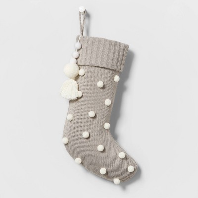 Baby Knit Christmas Stocking with Poms and Felted Ball Tassel Gray - Wondershop™