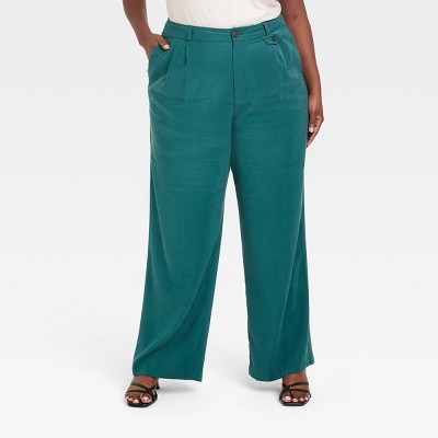 A New Day Pants Womens Size 12 Pleated High Rise Belted Relaxed Trouser  Green 