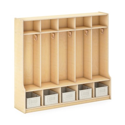 Guidecraft EdQ 5-Section Wooden Storage Locker with Bench Seat for Classroom, Kids Cubby Organizer with Shelves and Hooks for Coats