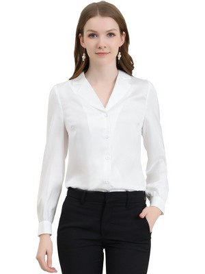 Allegra K Women's Elegant Collar V Neck Long Sleeve Work Office Satin Button Down Shirt