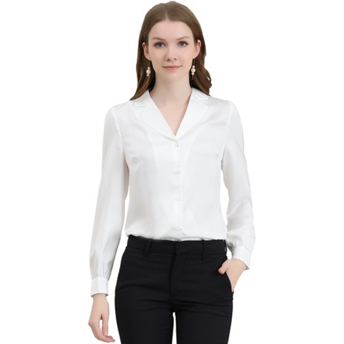 Allegra K Women's Elegant Collar V Neck Long Sleeve Work Office Satin Button  Down Shirt White Small : Target