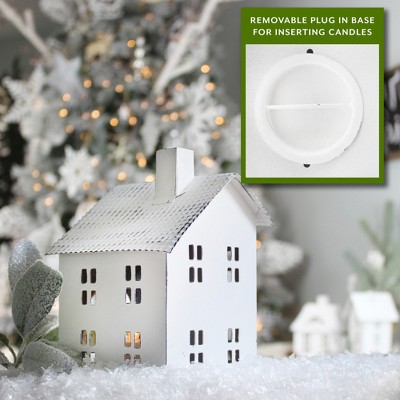 White Galvanized Steel Christmas Village Candle Lantern Set