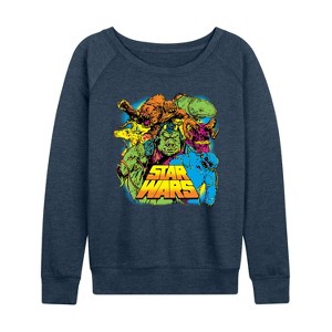 Women's - Star Wars - Neon Alien Creatures Lightweight French Terry Wide Neck Long Sleeve Shirt - 1 of 4