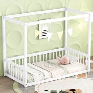 Dolonm Twin Size Wooden Canopy Floor Bed with Fence Guardrails, 78.2"L x 41.8"W x 58.3"H - 1 of 4
