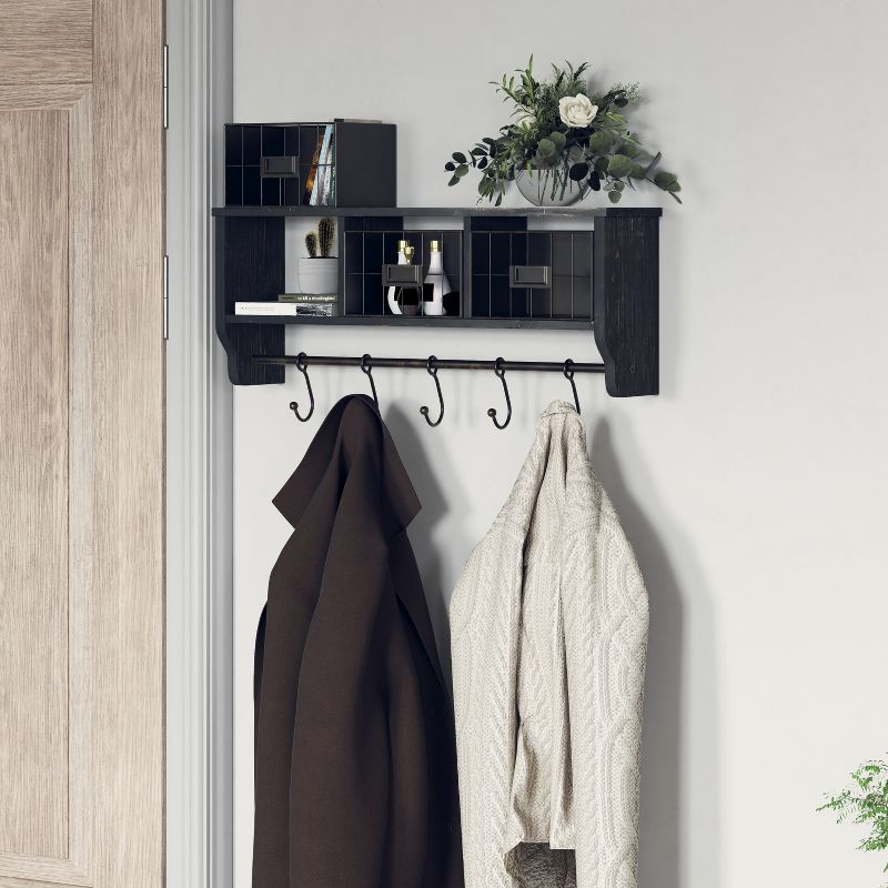 Emma and Oliver Rustic Country Wall Mounted Shelf with 5 Adjustable Sliding Hooks and Three Wire Storage Baskets, 4 of 12