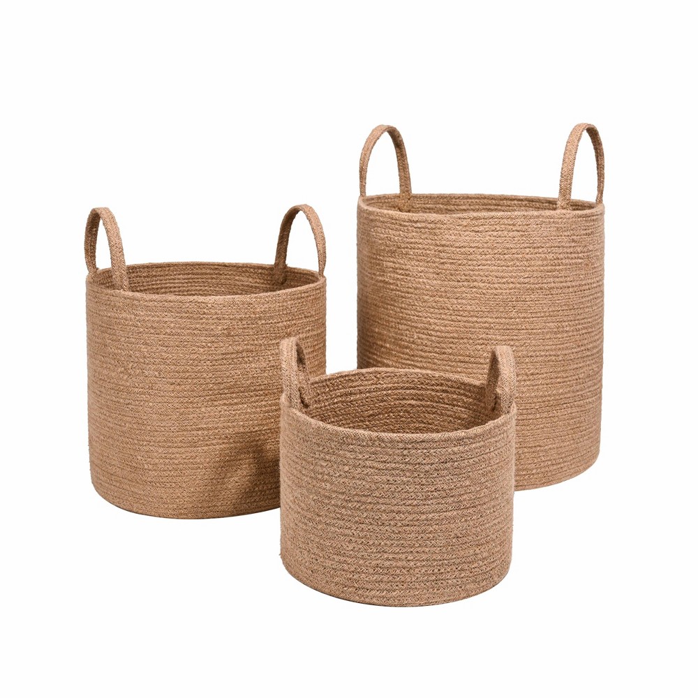 WeThinkStorage Set of 3 Round Woven Jute Decorative Storage Basket with Handle