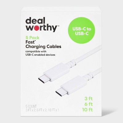 USB-C to USB-A Charging Cables (3'/3'/6'/6'/10') 5pk - dealworthy™ White