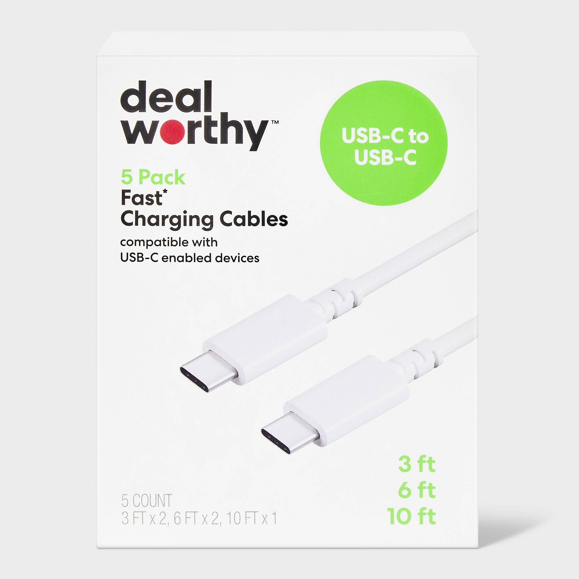 USB-C to USB-C Charging Cables (3'/3'/6'/6'/10') 5pk - dealworthy™ White: Male-To-Male Connectors