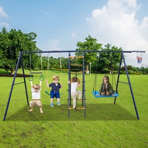 Okak 6-IN-1 Swing Set with Climbing Ladder and Net, Toddler Swing with Trapeze Bar and Hammock Swing, Outdoor Swing for Children, Blue - 1 of 4