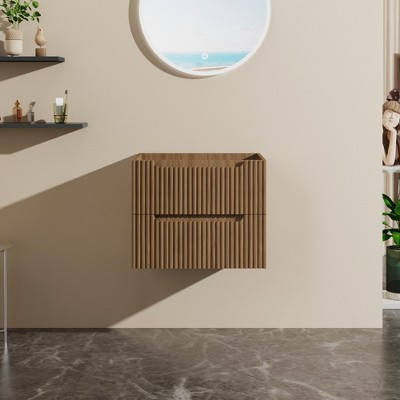 NicBex 24" Wall Mounted Bathroom Vanity with/without Ceramic Sink,Floating Storage Cabinet with 2 Drawers,No Faucet Included,Walnut Finish