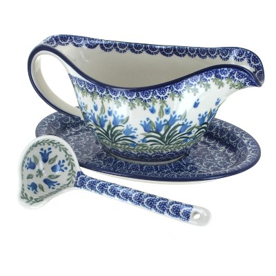 Blue Rose Polish Pottery Tulip Bouquet Gravy Boat, Plate & Ladle