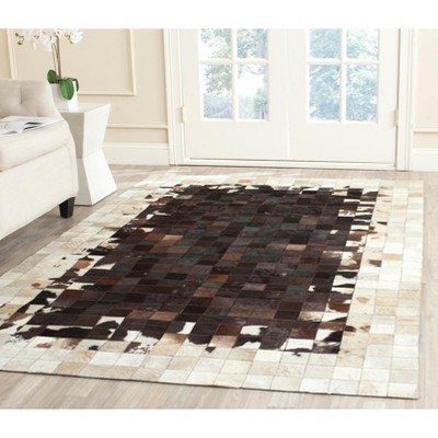 Ivory and Dark Brown Handmade Geometric Cowhide Rug