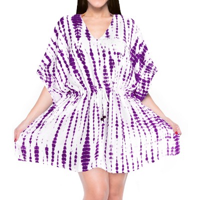 LA LEELA Women's House Daily Routine Evening Wear Holiday Casual Loungewear Oversize Caftan Knee Length Housecoat 2X-3X Purple, Tie Dye Design