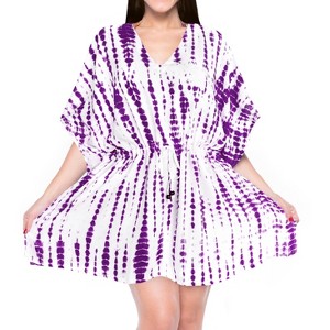 LA LEELA Women's House Daily Routine Evening Wear Holiday Casual Loungewear Oversize Caftan Knee Length Housecoat 2X-3X Purple, Tie Dye Design - 1 of 4
