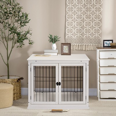 VisioGear Dog Crate, Small Dog Cage End Table with Two Opening Sides, Lockable Door, Puppy Kennel Indoor, White, 13"*32"*26"