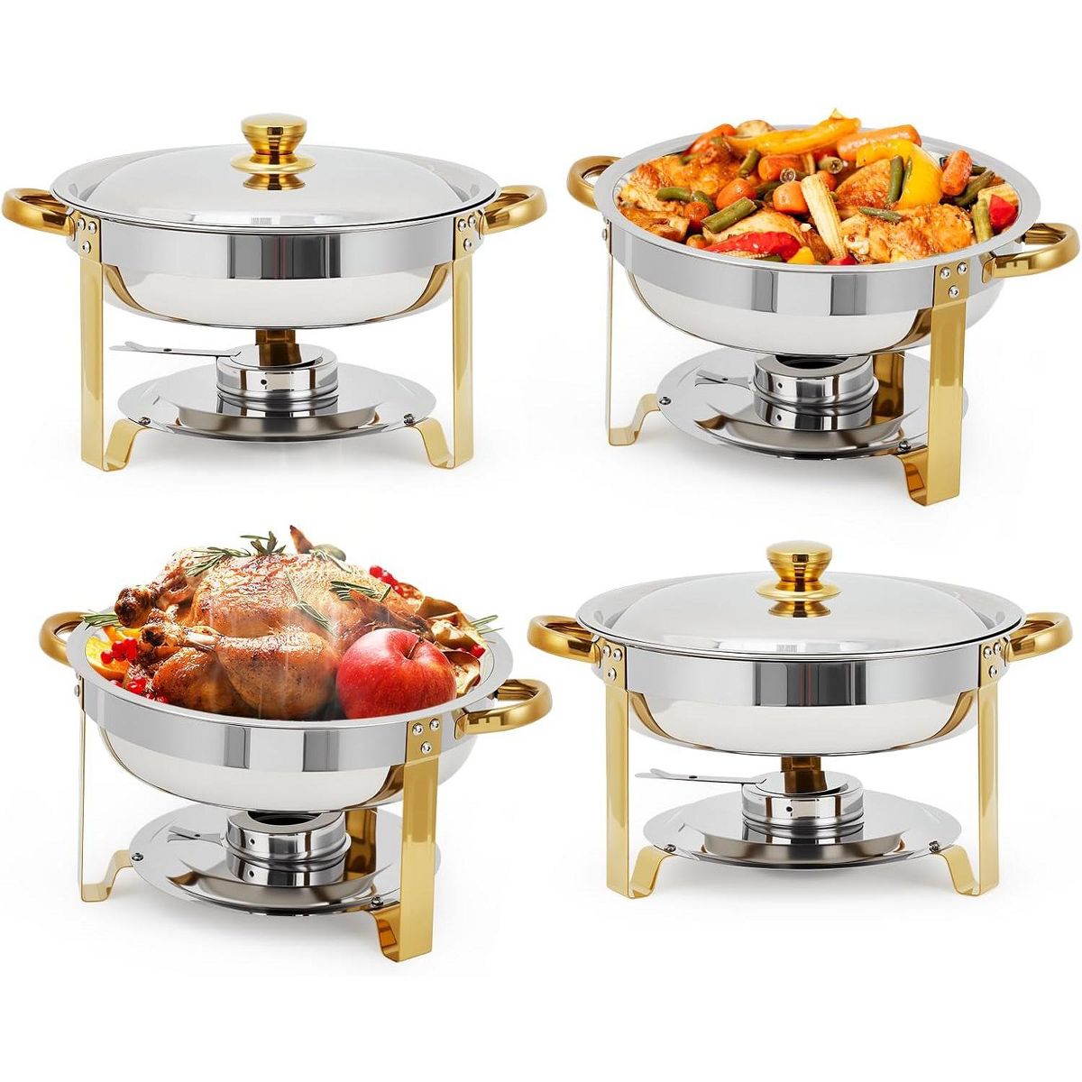 4/6-Pack 5QT Round Chafing Dish Set, Stainless Steel Buffet Food Warmers with Lids & Water Pans, Buffet Servers for Parties, Weddings and Banquets