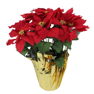 Northlight 21" Red Artificial Christmas Poinsettia with Gold Wrapped Pot