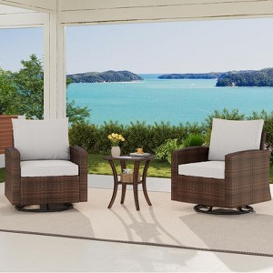 3-Piece Outdoor Wicker Swivel Rocker Chair Set, Patio Bistro Furniture with Comfortable Cushions - 1 of 4