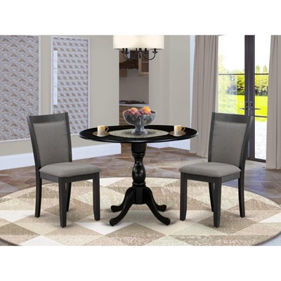 East West Furniture 3-Piece Dining Room Set Consists of a Pedestal Table with Drop Leaves & 2 Light Tan Linen Fabric Dining Chairs - Antique Walnut
