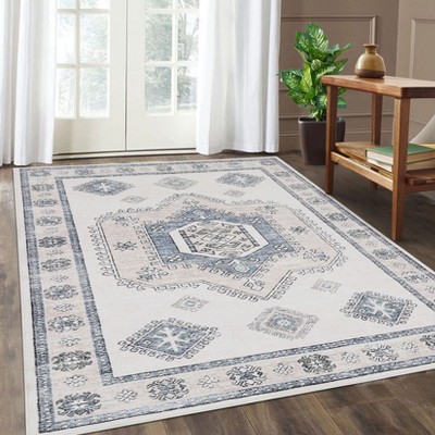 Boho Vintage Floral Printed Area Rug Low Pile Washable Stain Resistant Non Shedding Floor Mat with Non Slip Backing