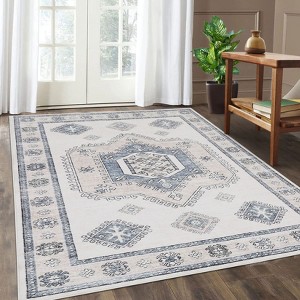 Boho Vintage Floral Printed Area Rug Low Pile Washable Stain Resistant Non Shedding Floor Mat with Non Slip Backing - 1 of 4