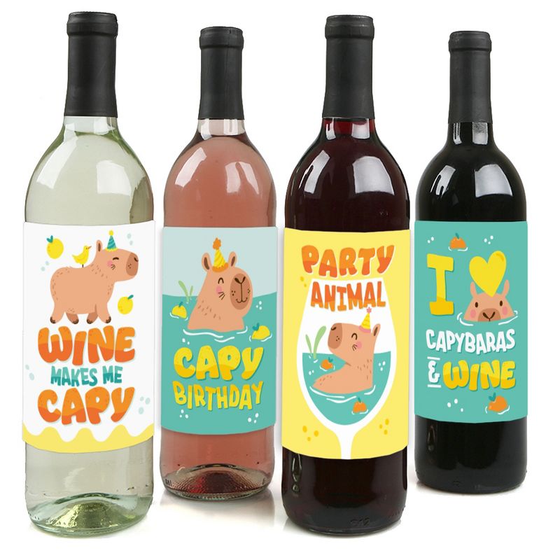 Big Dot of Happiness Capy Birthday - Capybara Party Decorations for Women and Men - Wine Bottle Label Stickers - Set of 4, 1 of 9