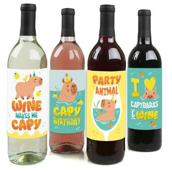 Big Dot of Happiness Capy Birthday - Capybara Party Decorations for Women and Men - Wine Bottle Label Stickers - Set of 4