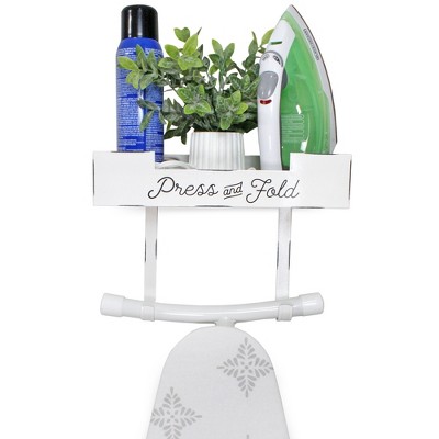 AuldHome Design White Farmhouse Enamelware Ironing Board Caddy; Wall-Mounted Rustic Ironing Board Holder w/ Storage Shelf