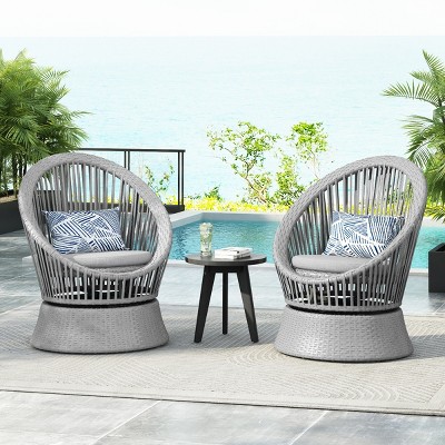 [Set of 2]Outdoor Patio Wicker Lounge Chairs, Wicker Chaise with Stylish Round Design, Lounge Chair with Iron Frame and PE Gray Cushions-Coolbibila