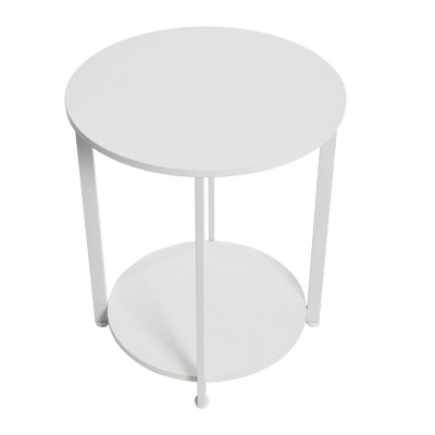 White Round Minimalist End Table with Metal Frame and Shelf