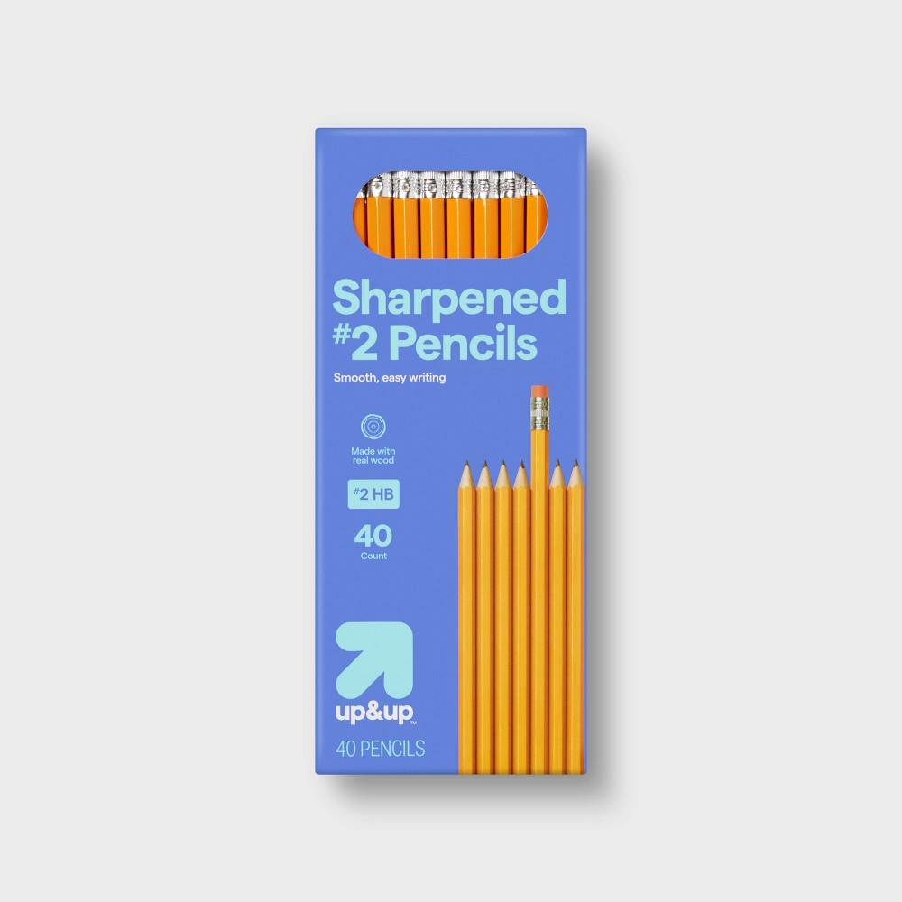 Sharpened #2 Wood Pencils 40ct - up&up™: School Supplies, 2.05mm Point, Erasable, Yellow, No. 2, Kids Stationery