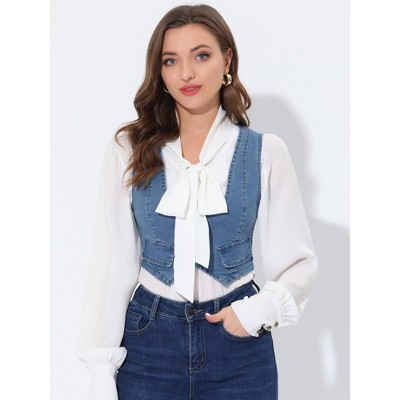 Allegra K Women's Denim Button Up Sleeveless Crop Jean Vest Waistcoat Light Blue Large — фото 2