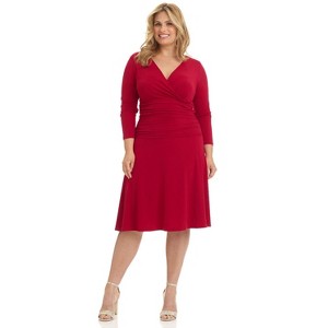 Rekucci Curvy Fit Plus Size Women's 3/4 Sleeve Tummy Control Dress – Flattering Surplice Neckline & Ruched Waist - 1 of 3