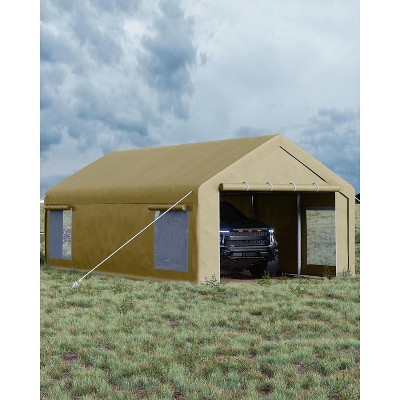 13x25 Ft Carport with 4 Windows, Car Port with 220g PE Tarp, 10 Sandbags,2 Roll-Up Doors for Full-Size Pickups, Bass Boats, Tractors, and SUVs