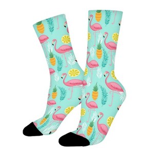 Pink Flamingo Pineapples And Exotic Leaves Women Printed Crew Socks Funny Funky Socks Soft Polyester Novelty Gifts for Artists Men - 1 of 1