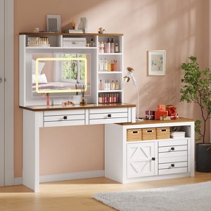 Vanity Desk with Glass Top & Charging Station, Touch Screen Mirror and Lights, Makeup Vanity with 5-Drawer, 6 Open Storage Shelves - 1 of 4