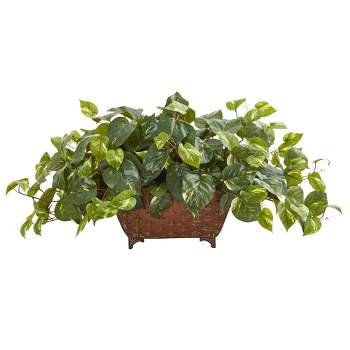 Nearly Natural 15-in Pothos Artificial Plant in Metal Planter