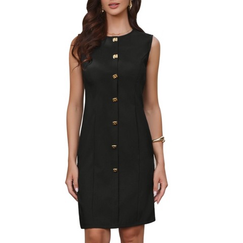 Женские платья INSPIRE CHIC Women's Sleeveless Crew Neck Button Decro Front Pleated Work Sheath Midi Dresses X-Large Black