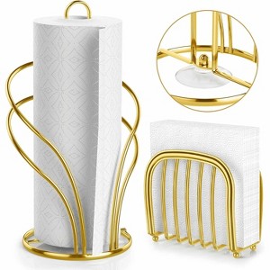 Gold Stainless Steel Paper Towel Holder Set, Countertop Stand with Weighted Base and Suction Cups - 1 of 4
