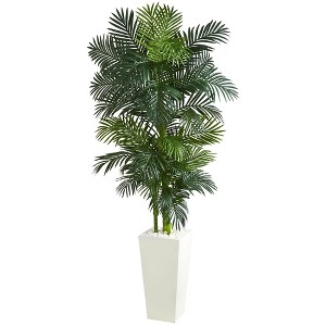 Nearly Natural 7.5-ft Golden Cane Palm Artificial Tree in White Tower Planter - 1 of 3