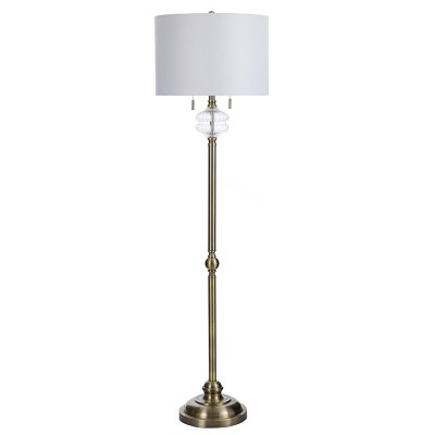 65" White Linen and Brass Floor Lamp with Wood Accents