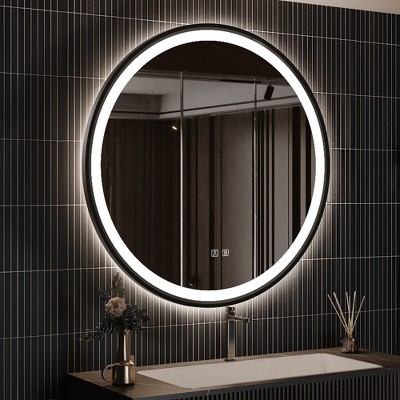 framed round led lighted bathroom vanity mirrors
